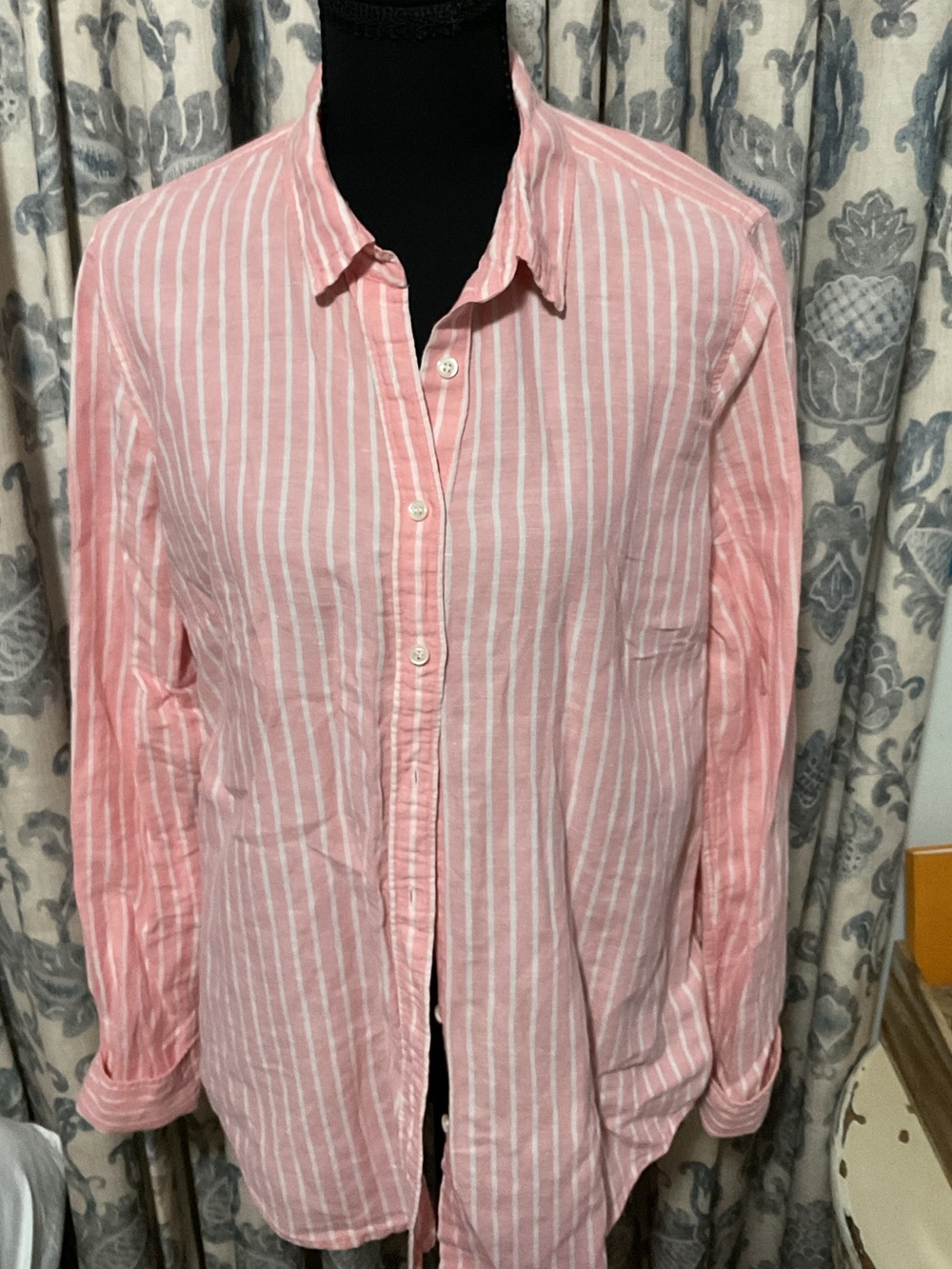 J. Crew Pink and White Vertical-Stripe Casual Button-Down Shirt